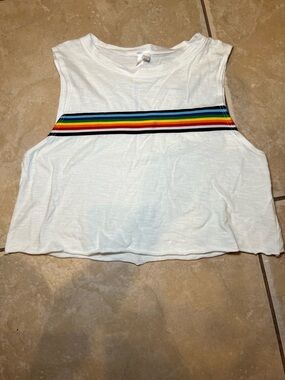 Malibu Sugar Girls White Cropped Tank Top with Rainbow Stripe